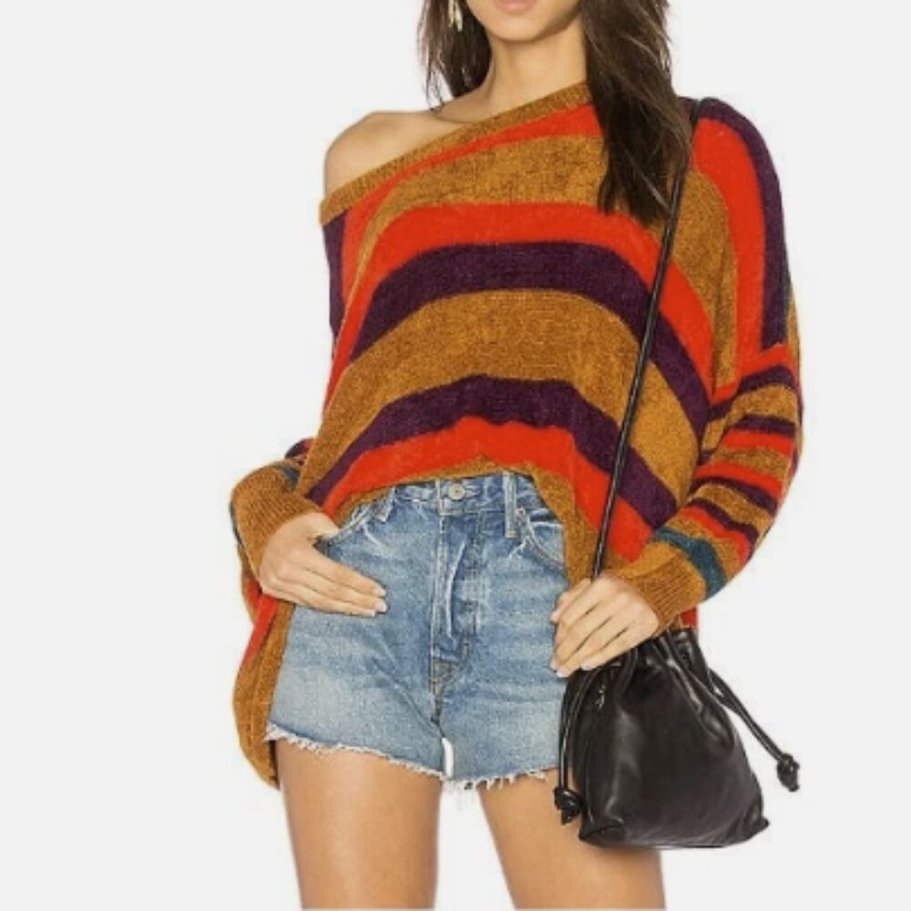 Free People Striped Off-Shoulder Crew Sweater in Mustard, Red & Purple
